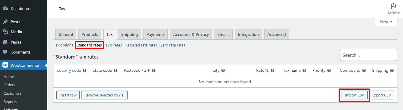 Import CSV for tax setup