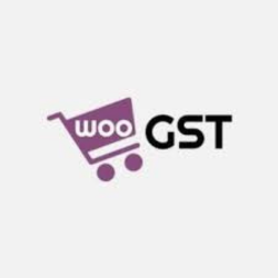 A violet logo of WooGST, a plugin that helps WooCommerce stores in India to comply with GST regulations, on a background of e-shopping mall trolleys.