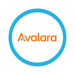 A logo of "WooCommerce AVA Tax" With under blue circle have mention brand name in orange colour, name is "Avalara".